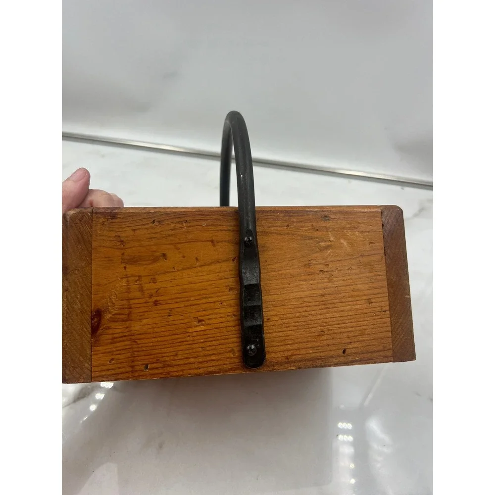 Vintage Rustic Wooden Caddy 3 Compartment Organizer with Metal Handle Farmhouse